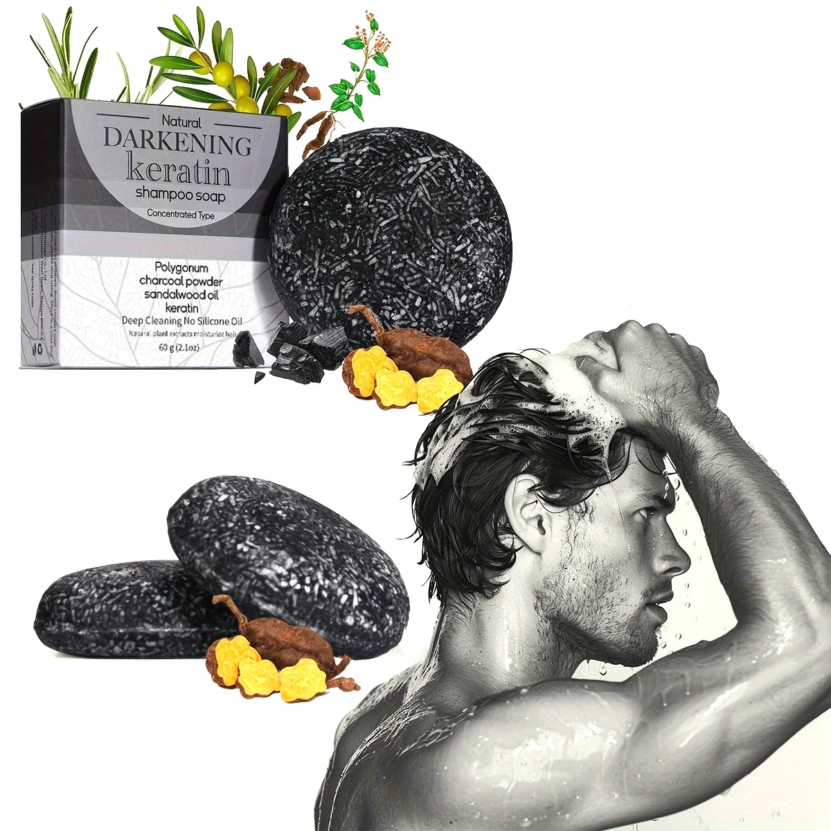 XF 60g Black Soap Solid Shampoo Organic Vegan Shampoo Bar for All Hair Types Made with Natural Oil view 3