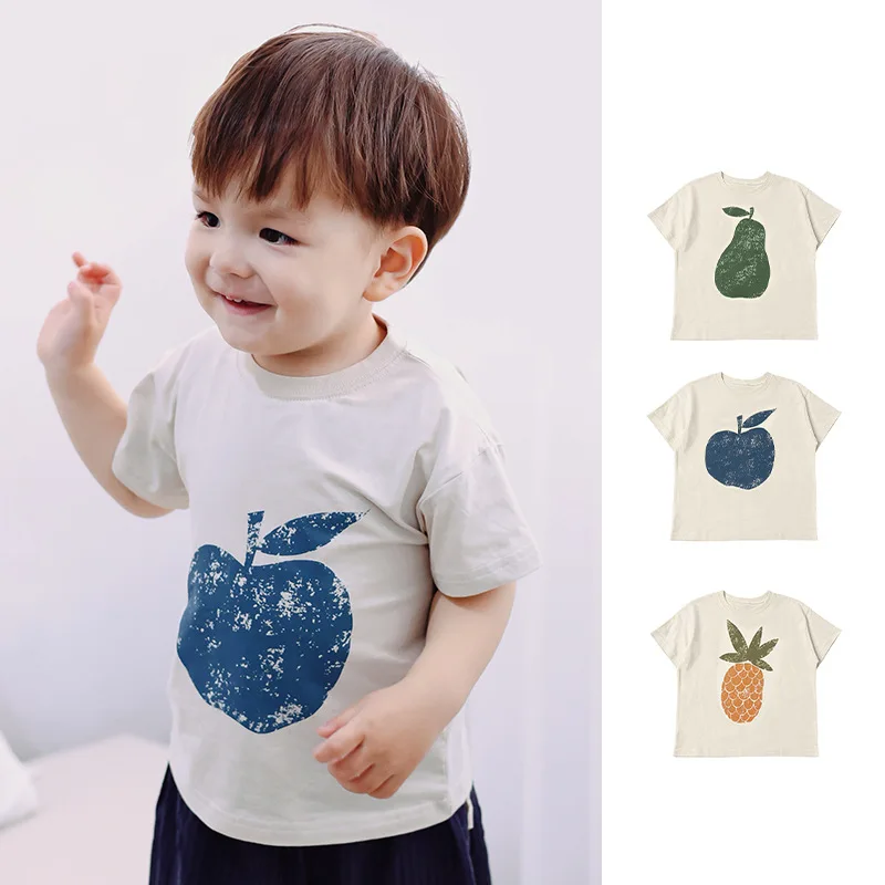 

RomperDew Children Round Neck Short-sleeved Cotton Summer Cute Skin-friendly Men and Women Baby Printing Fruit T-shirt
