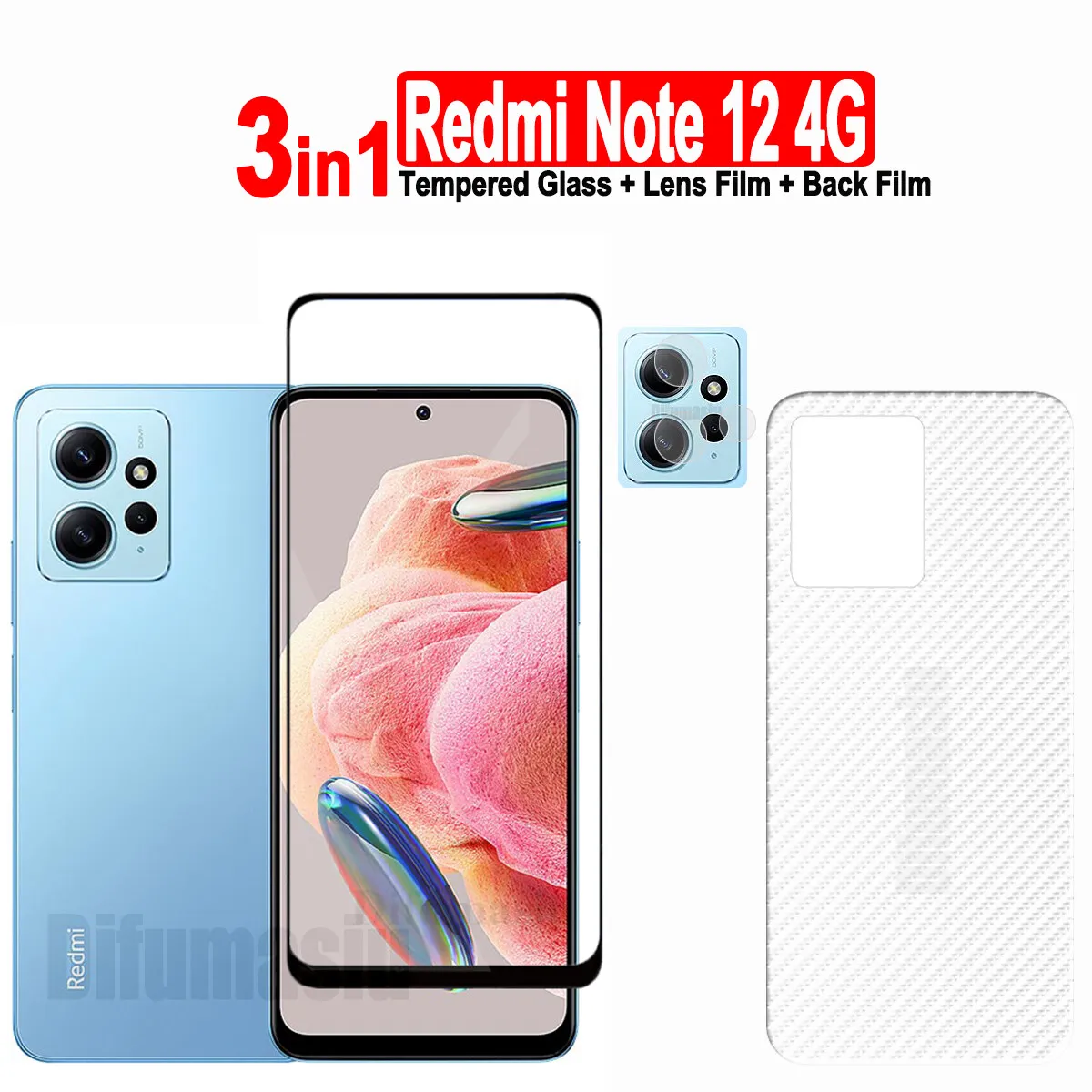 

For Xiaomi Redmi Note 12 Tempered Glass Film Screen Protector + Camera Lens Film + Back Film - 3 in 1