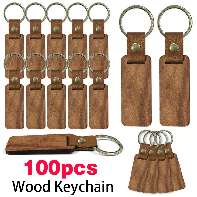 100Pcs DIY Souvenir Keyring Leather Sublimation Blank Wooden Key Chains Keychain