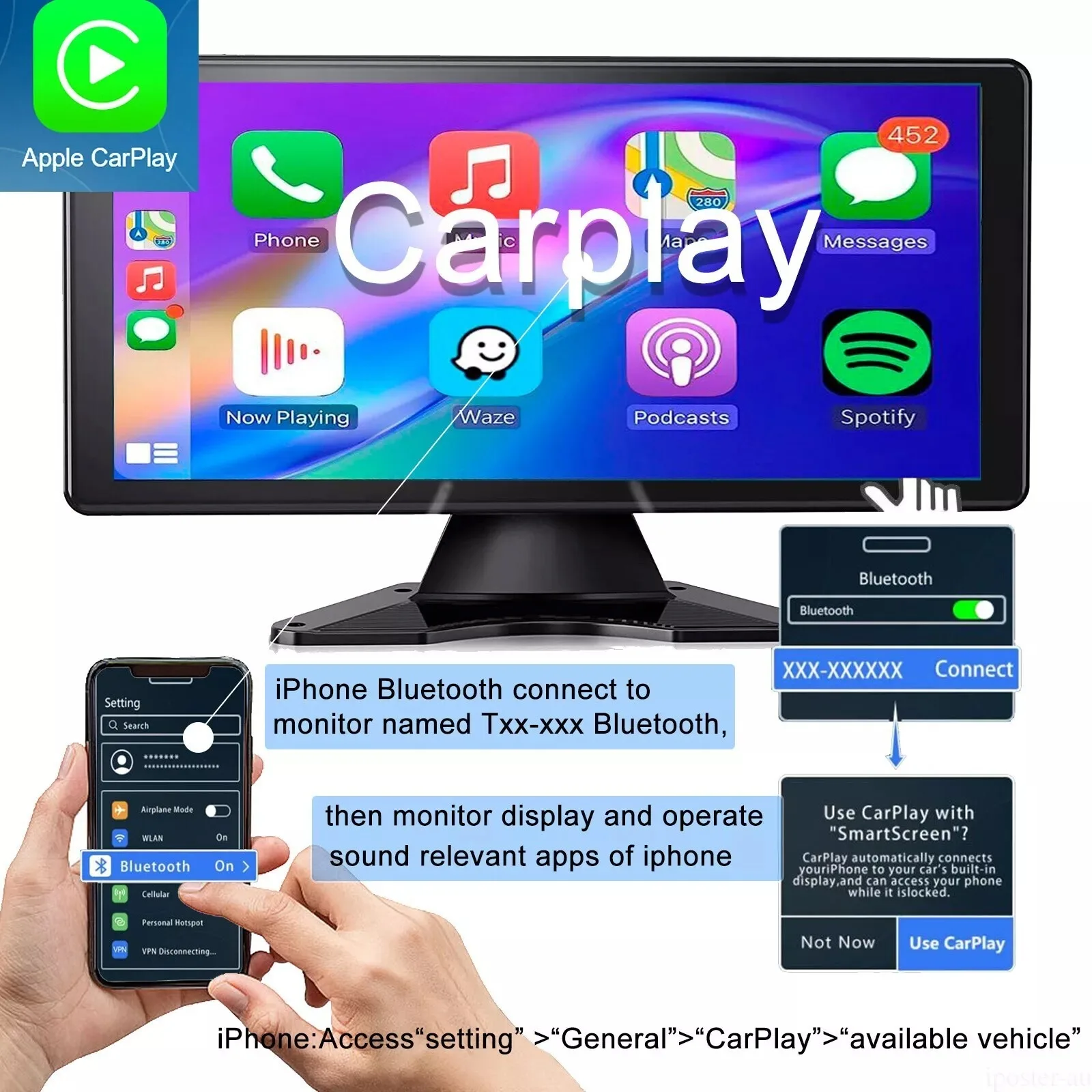 Lastbus 10.36" Wireless Apple CarPlay Quad Split Monitor Touchscreen 4K + Car Stereo Reverse Waterproof Camera For RV Truck - Image 3