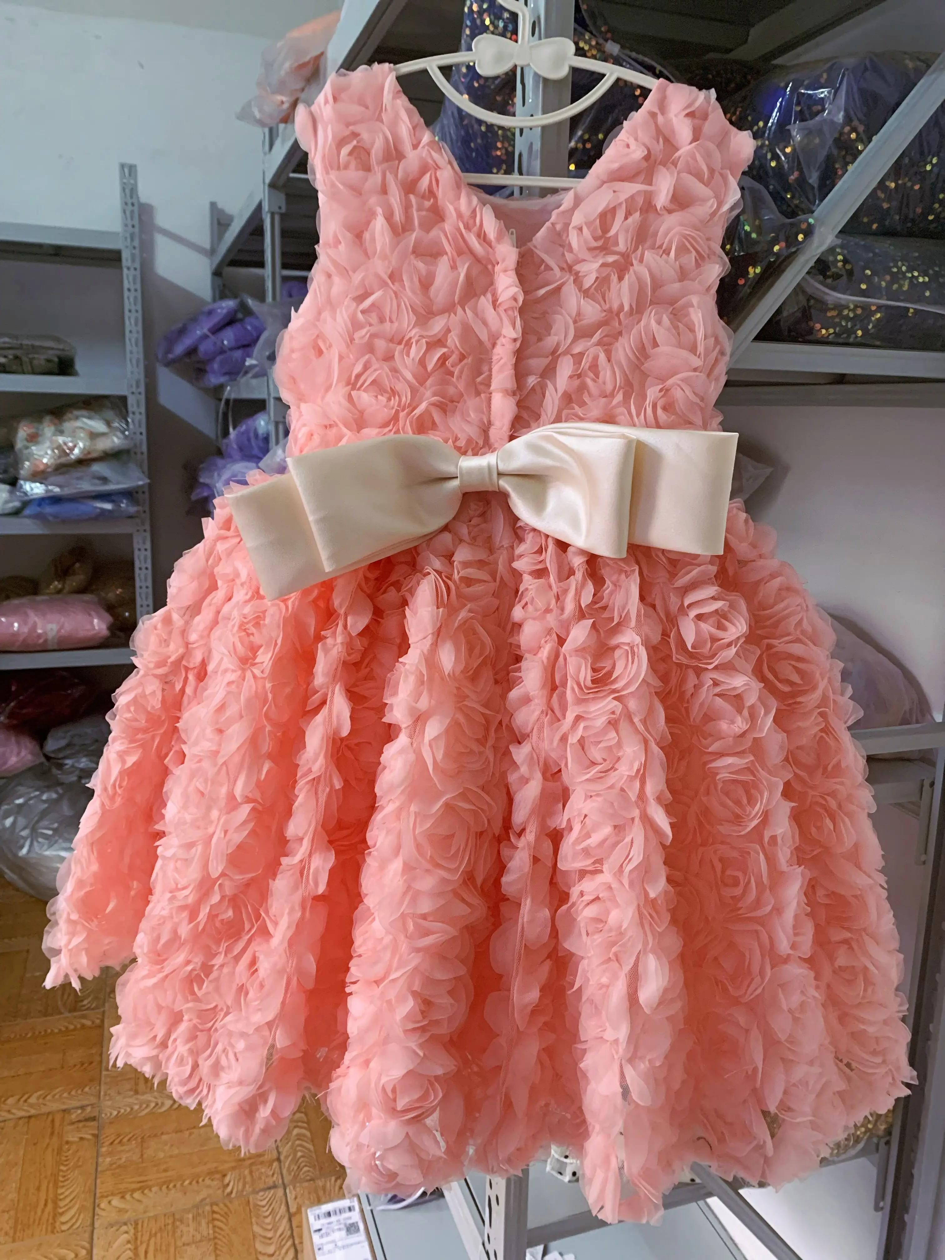 Kids Dresses For birthday Party Wedding Dress pink Rose embroidery Teen Children Pageant Gown baby Girls Princess Tulle Dress