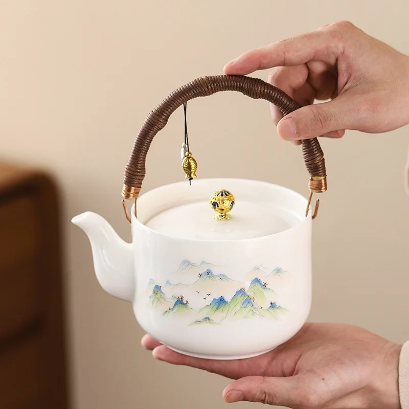 Ceramic household tea set, brewing teapot, suet jade white porcelain large-capacity cooling kettle, beam pot