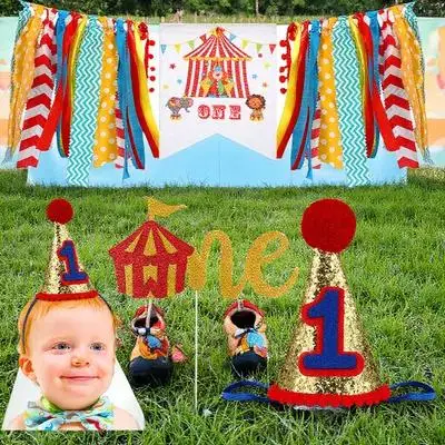 

3Pcs Birthday Decorations Kit for 1 Year Old 1St Birthday Party Supplies Banner Cake Topper Hat Set Cake Flag and Hat