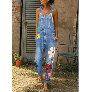 Overalls Frauen Jeans Lange Hose Denim Hosen Floral Einteilige Hosenträger Gerade Hosen Splice Hohe Taille Casual Herbst