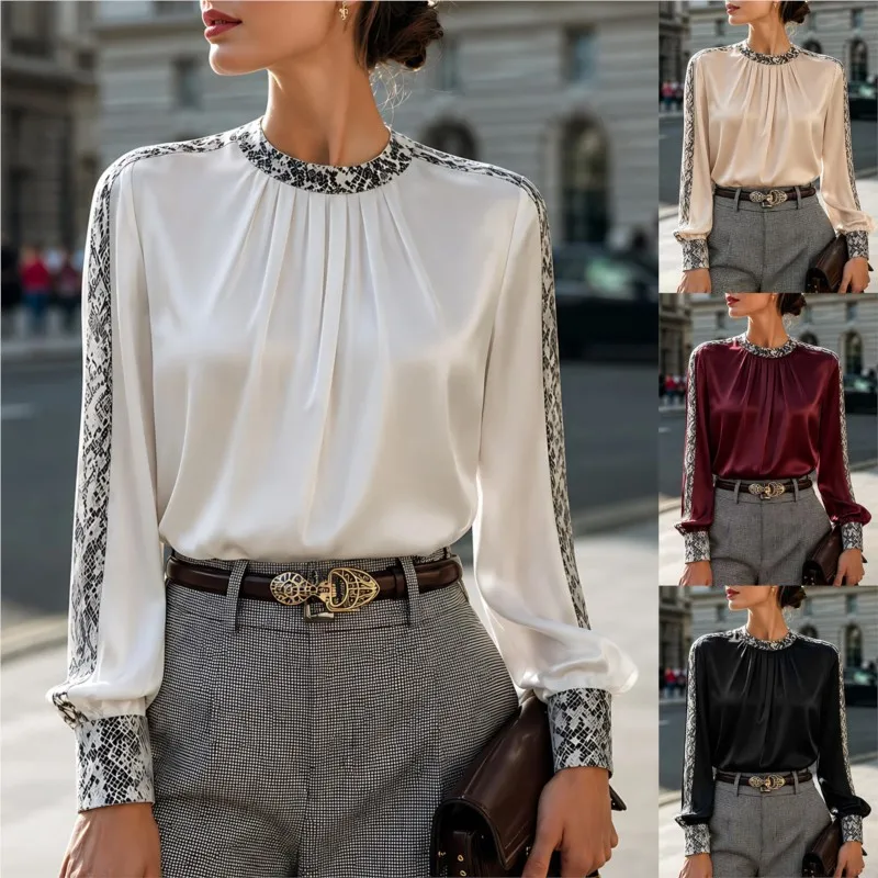 Spring Blouses Womens Fashion Satin Paneled Snake Print Round Neck Pleated Loose Long Sleeve Versatile Autumn Casual Women Shirt