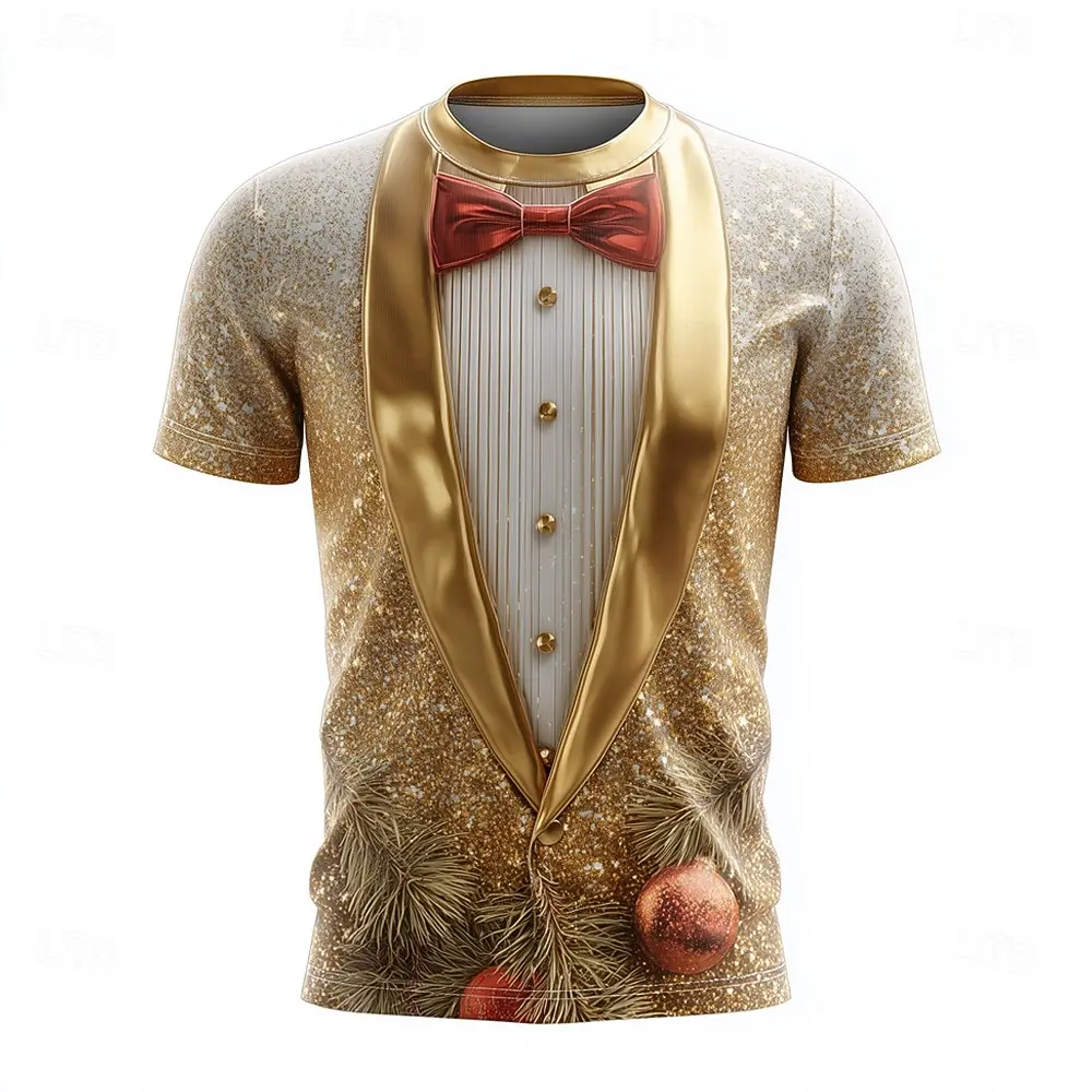2025Christmas Gold Tuxedo 3D T Shirt for Men, Funny Sparkling Suit Style, Holiday Party Outfit for Xmas Gathering or Celebration