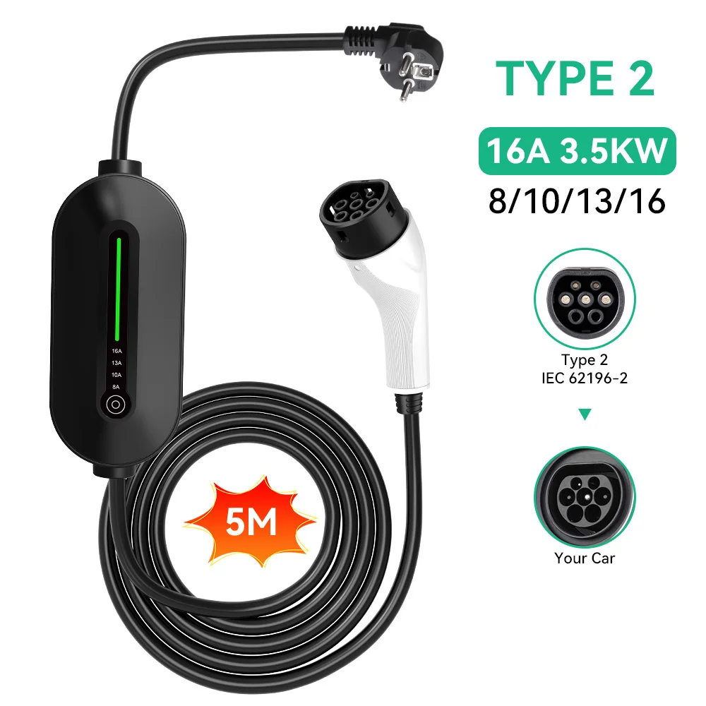 JDMEX Type2 3.5KW EV Portable Charger EVSE Charging Cable 16A 1Phase Fast Charging Schuko Plug 5M for Electric Vehicle