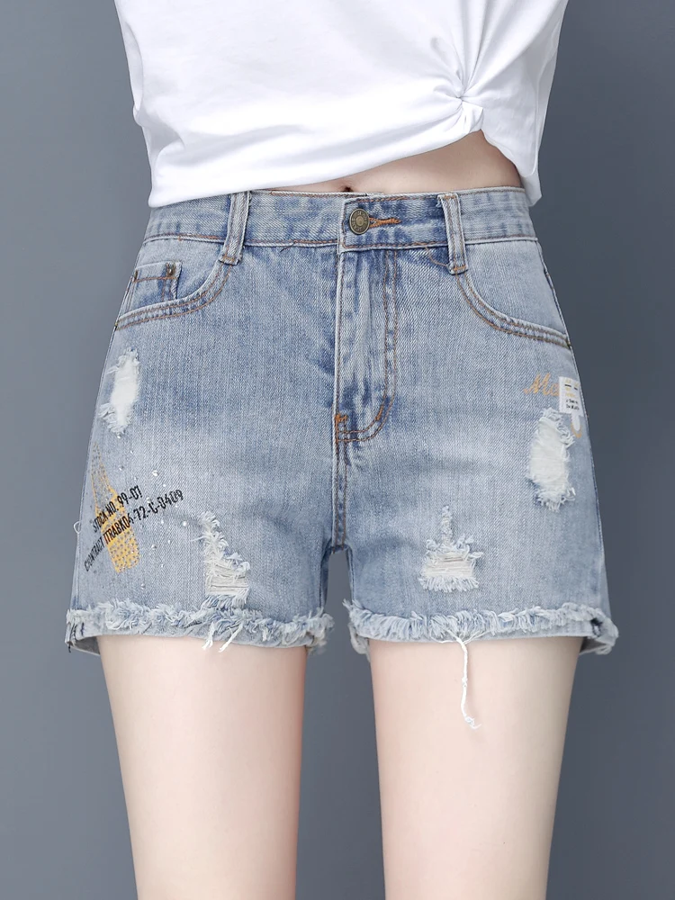 

Summer Thin High Waist Straight Leg Jeans Shorts Women's Ripped Denim Shorts Casual Style Cotton Blend Wear Resistant