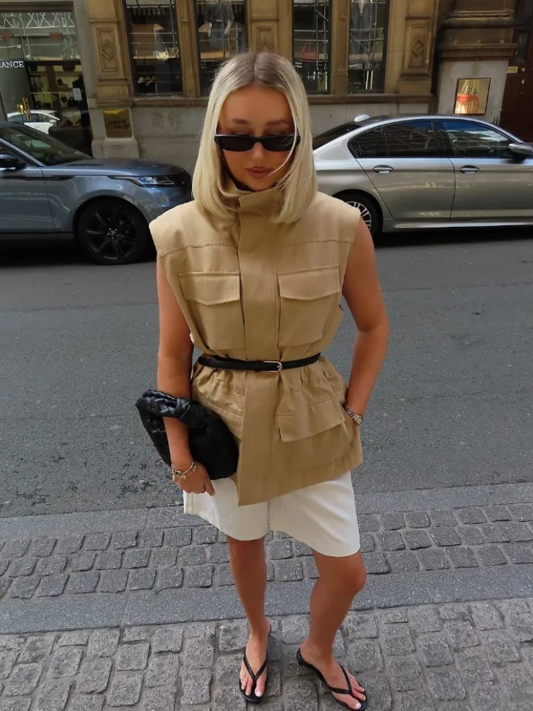 

Women Zipper Waist Cinching Vest Jacket Fashion Lace Up Pocket Stand Neck Sleeveless Jackets 2025 New Autumn Lady Street Outwear