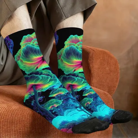 Harajuku Psychedelic Forest Neon Giant Mushroom Print Men's Socks Novel Street Style Casual Socks Crazy Party Holiday Gift