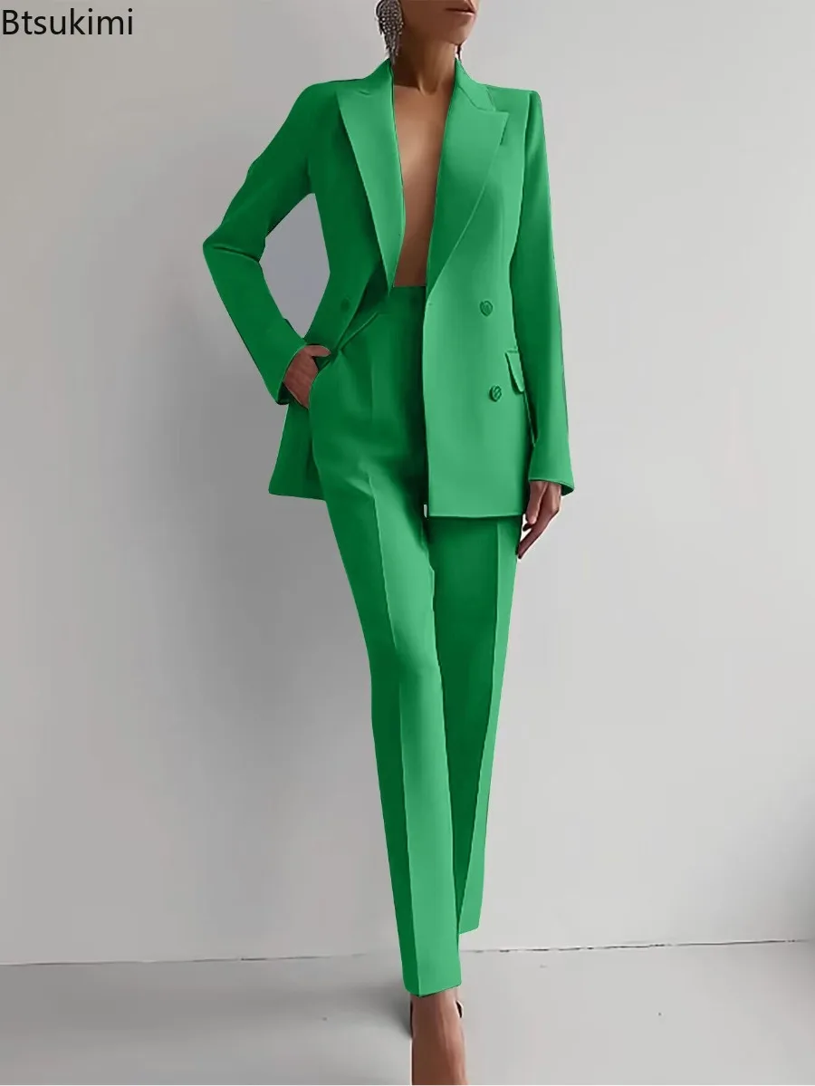 2024 Women's Fashion Matching Sets V Neck Double Breasted Design Blazer Tops+Suit Pant Office Ladies Outfit Elegant 2 Piece Sets
