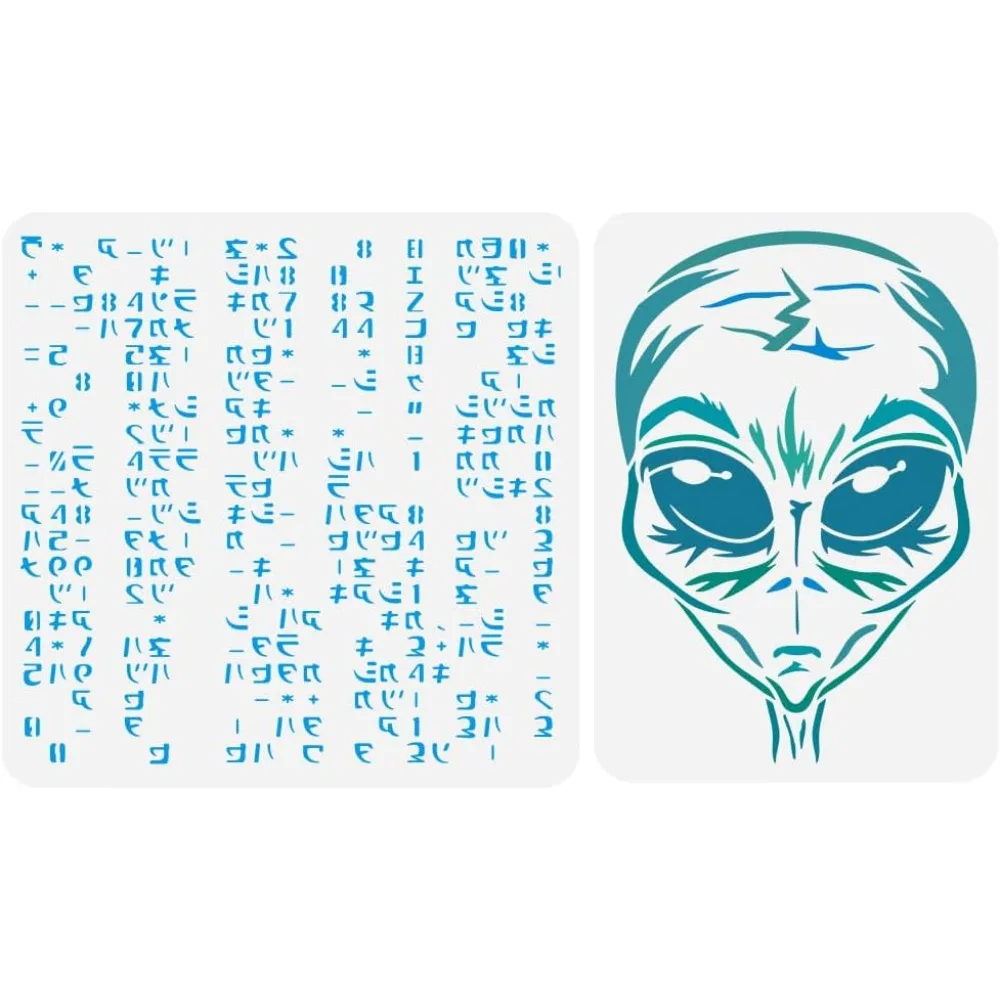 Plantilla de pintura de código alienígena, 2 uds., 2 estilos, plantilla alienígena para pintar, plantilla de cabeza alienígena reutilizable, plantilla Floral decorativa