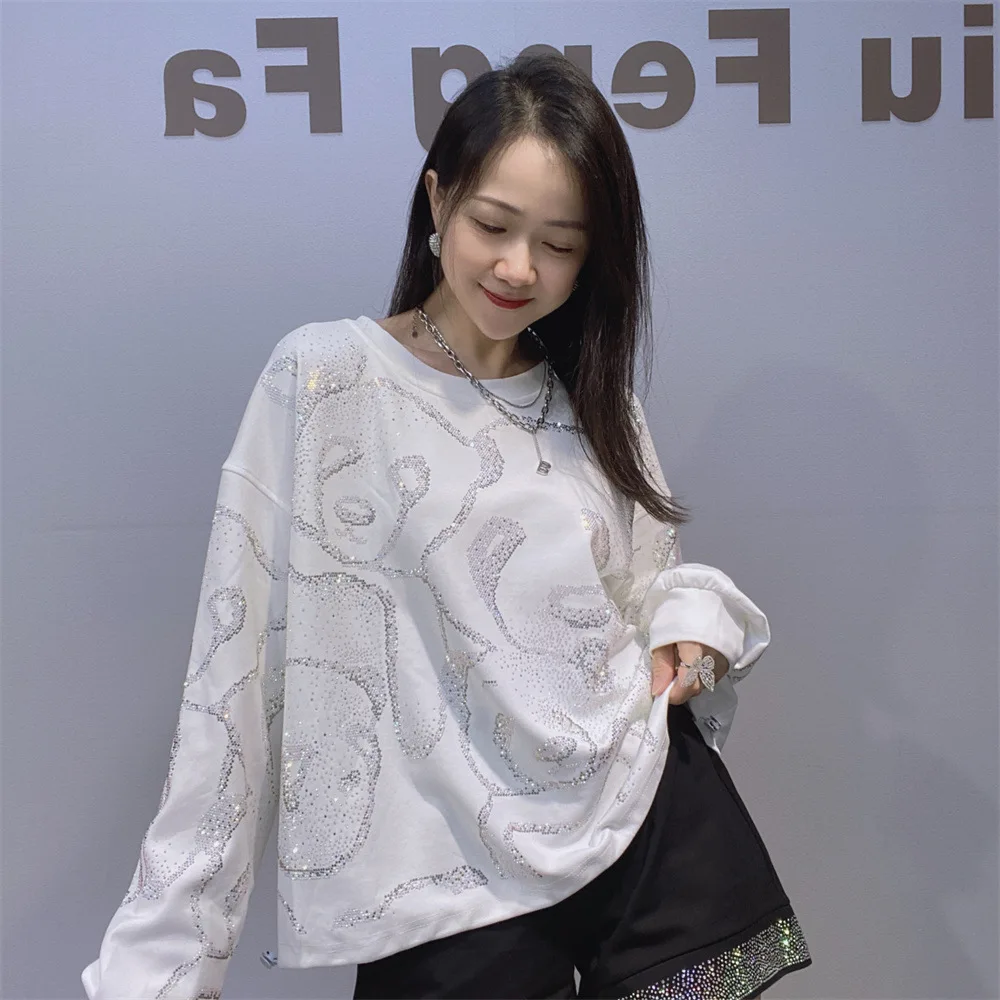 Women's Rhinestone Round Neck Short Sweatshirt Autumn Winter New Fashion Versatile Loose Casual Cartoon Long Sleeve Top