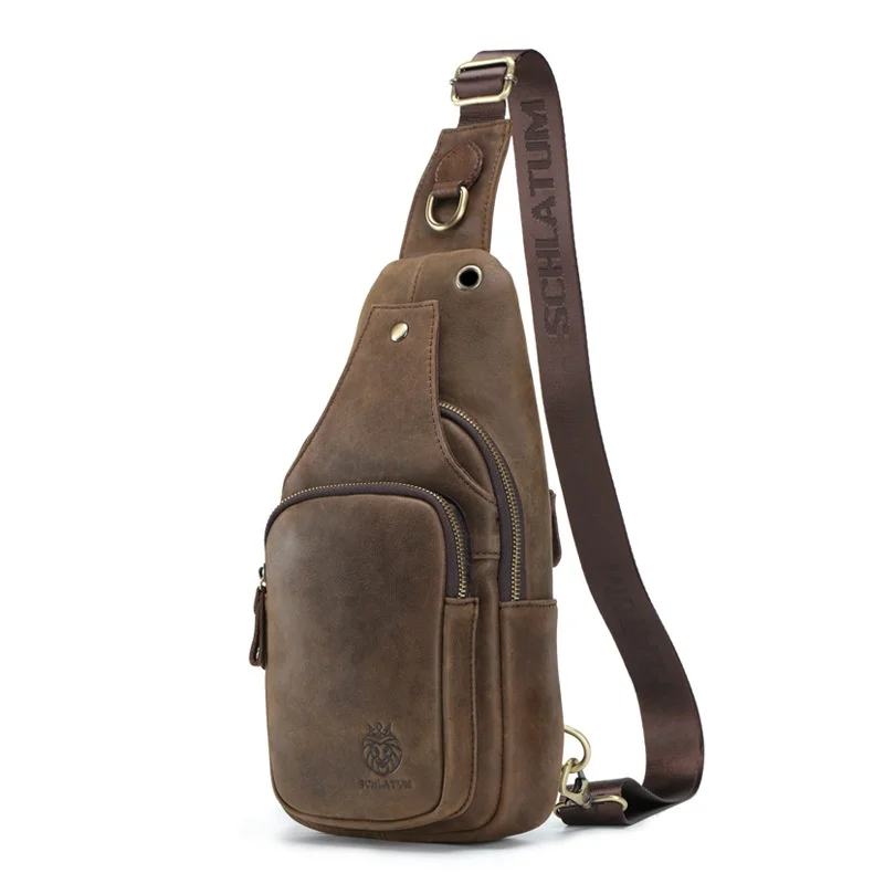 Genuine Leather Men's Crossbody Motorcycle Knight Chest Bag Vintage Cowhide Portable Backpack for Mobile Phone Leisure Scene