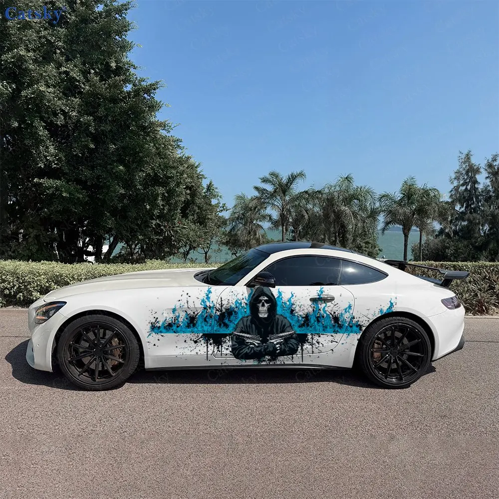 

2pcs Blue Flame Skull Decal, Durable, Fade-Resistant, Enhance Your Vehicles Aesthetic With Bold Art Design Car Vinyl Wrap