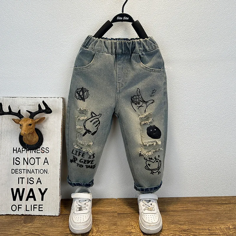 Fashion Spring Autumn Kids Hole Trousers Children Boy Handsome Torn Patch Jeans Girls Pants Worn Jeans 2-10 Years