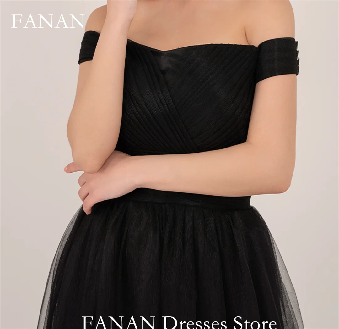 Fanan Korea Off Shoulder Simple Evening Dresses 웨딩드레스  Tulle Simple Black Custom Made A-Line Prom Gowns Plus Size