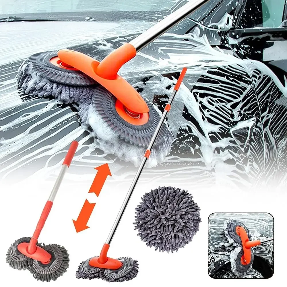 Autowaschmop mit Langem Ausziehbarem Griff, Reinigungsbürste mit Doppeltem Mikrofaser-Borstenkopf, 360° Weich °   Drehbar und kratzfrei für Boot, Wohnmobil, LKW