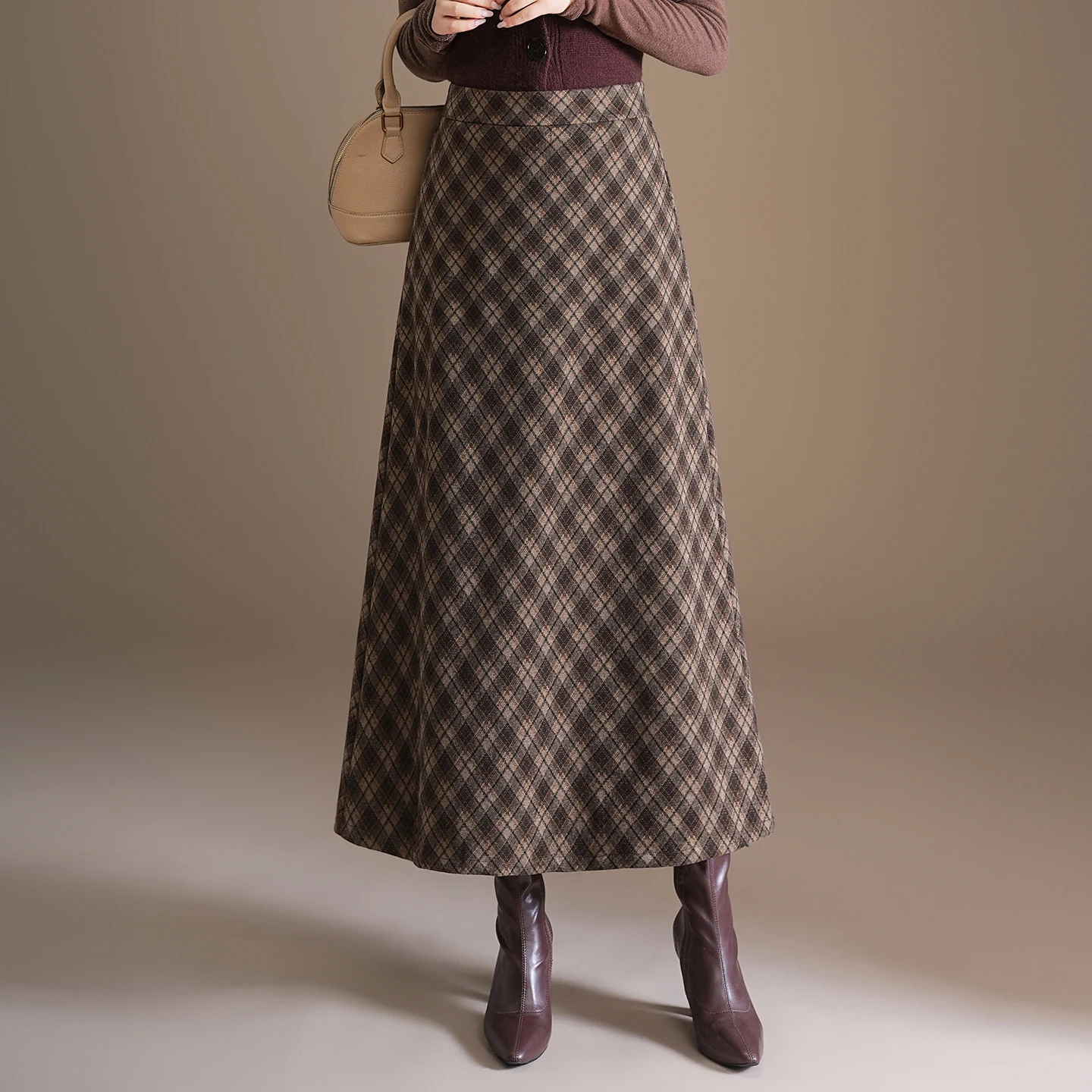 

Plaid Woolen Skirt Women's Autumn Winter Thiened A-Line Skirt Slimming Loose Fit High Waist Long Skirt Commute Sle