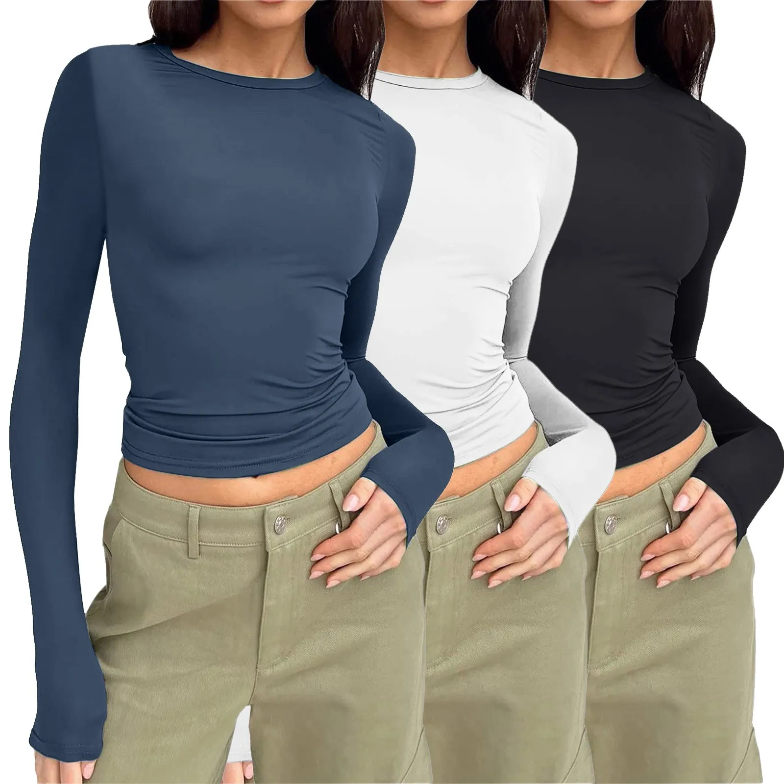 3-teiliges Damen-Set mit langen Ärmeln, Herbst-Basic-T-Shirt, kurze Version des Top-T-Shirts zum Ausgehen, Herbstmode, Unterwäsche, T-Shirt