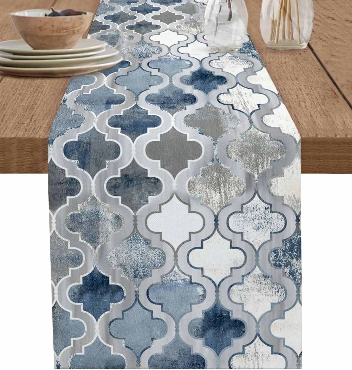 Blue Modern Geometric Trellis Abstract Linen Table Runners Dining Room Decor Washable Dining Table Runners Home Decorations