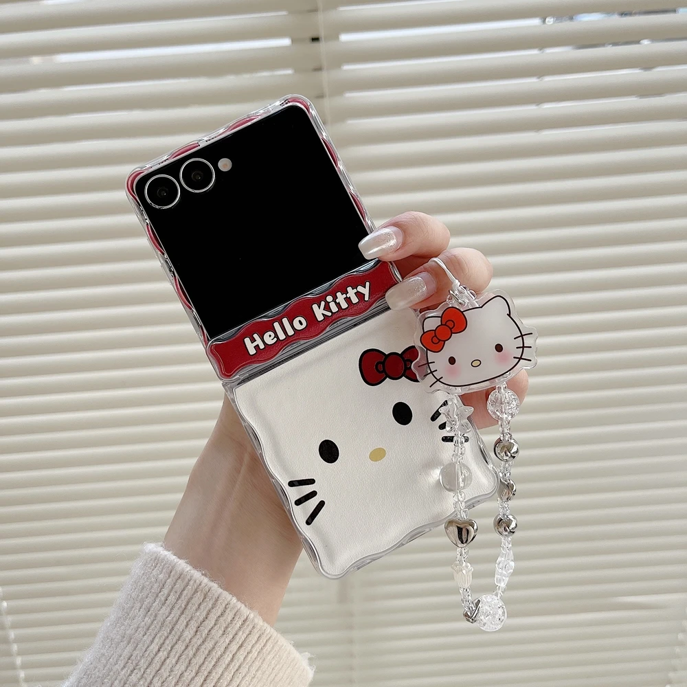 

Cute Cartoon Sanrio Hello Kitty Wave Point Bow Phone Case For Samsung Galaxy Z Flip 7 Case Wavy edge Hard Cover With Lanyard