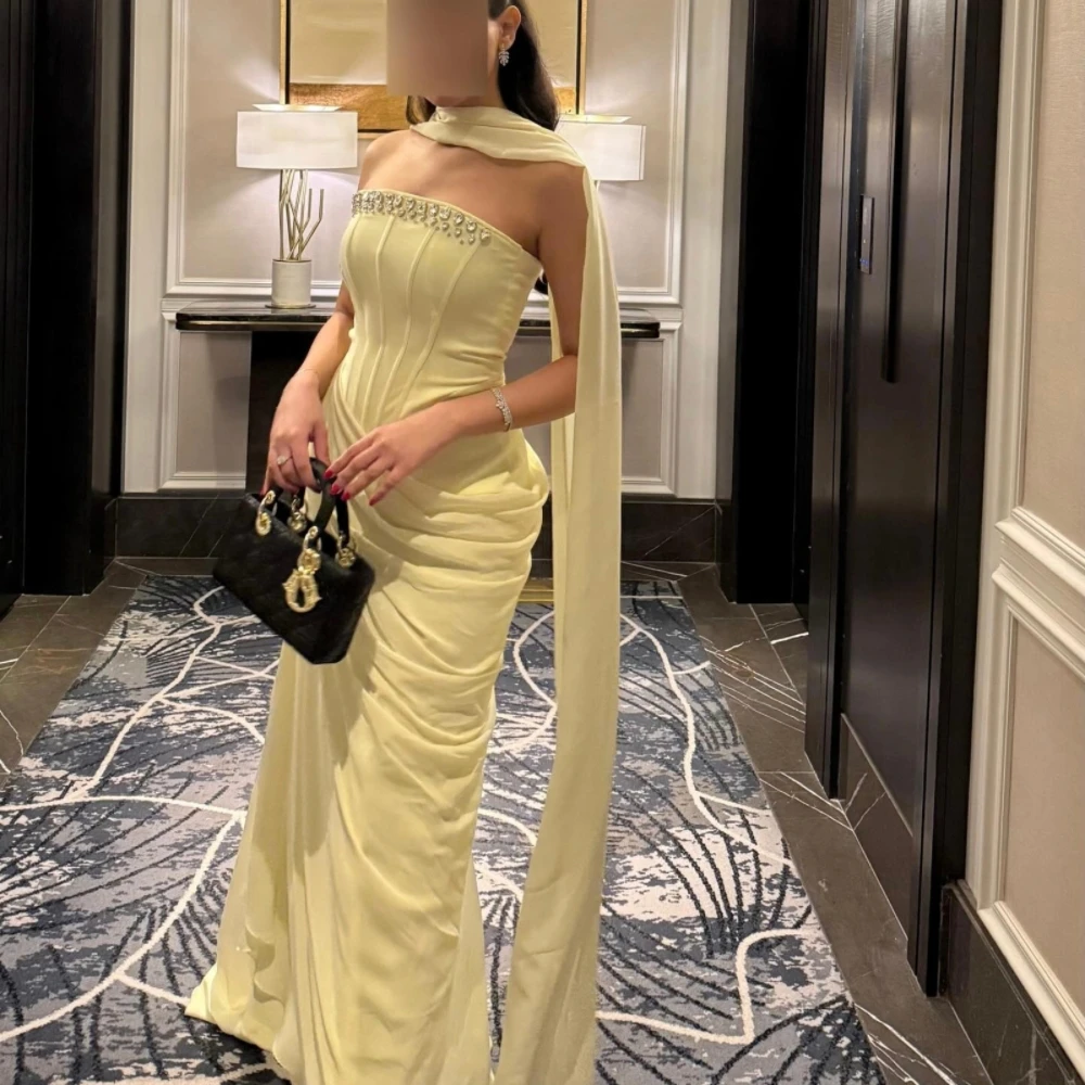 

Saudi Arabia Women Prom Dress Yellow Crystal Evening Party Gowns Customized Sheath Sleevesless Formal Occasion Dress 2025