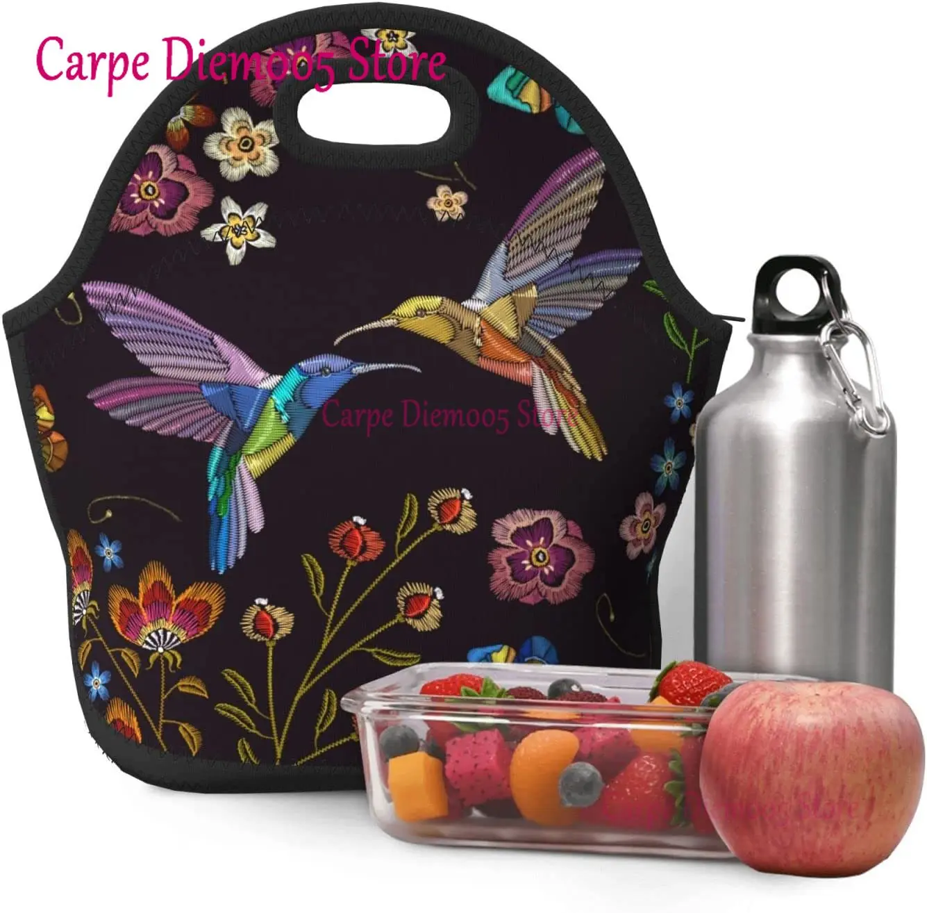 Vintage Hummingbird Butterfly with Flowers Design High Capacity Lunch Tote Insulated Lunchbox for Women Adults Teens Students