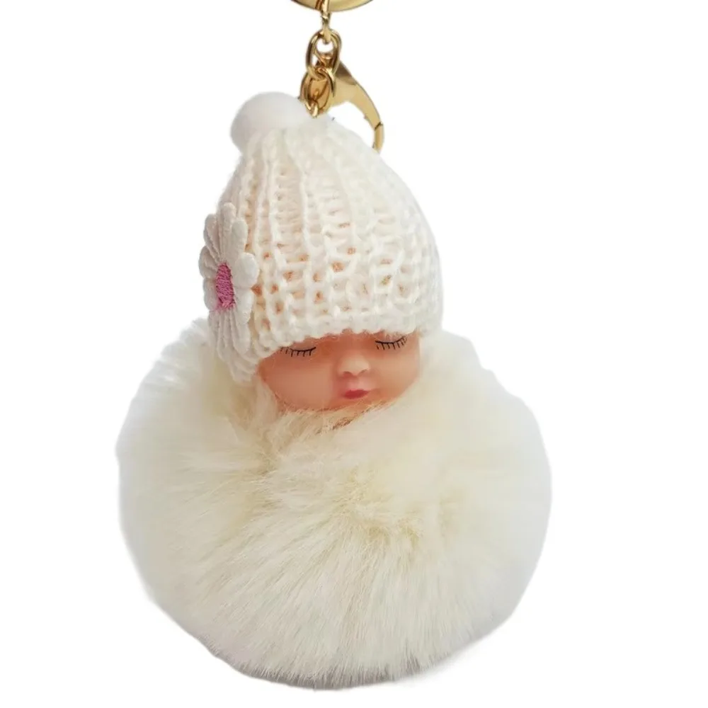 Cute Pompom Sleeping Baby Keychain Fluffy Plush Doll Gift Car Key Ring Fur Ball Bag Pendant Couple