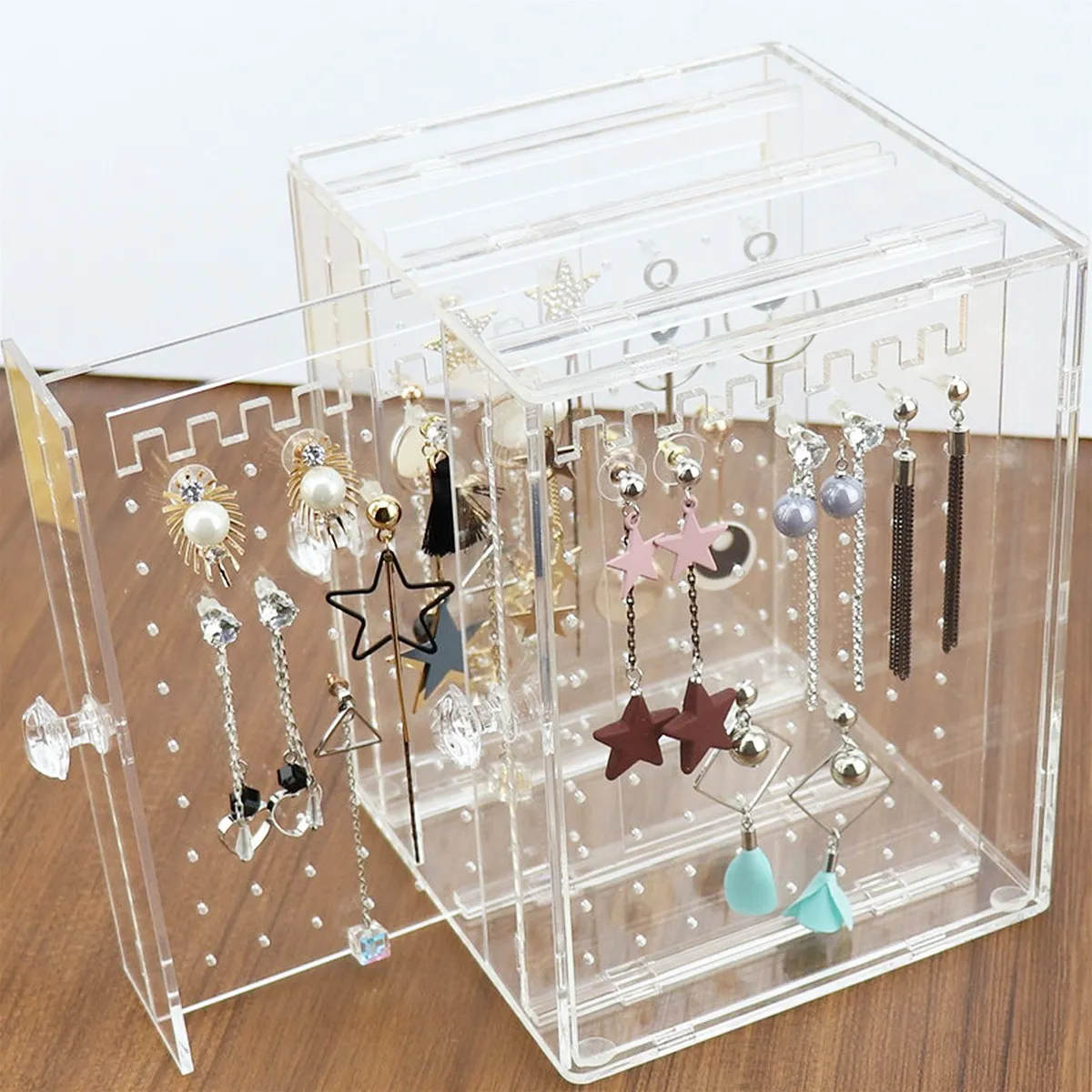 1Pcs Transparent Earring Jewelry Tower Space Saving Plastic Storage Box with Drawer Hooks for Small Accessories Art Supplies