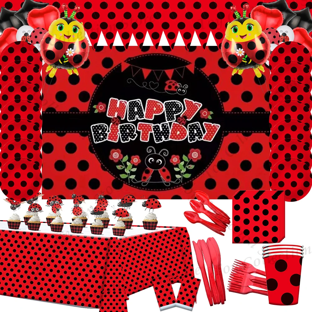 Ladybug Red Black Polka Dot Party Decorations Tableware Birthday Party Decor Supplies Cup Plate Banner Tablecloth Backdrop Girl