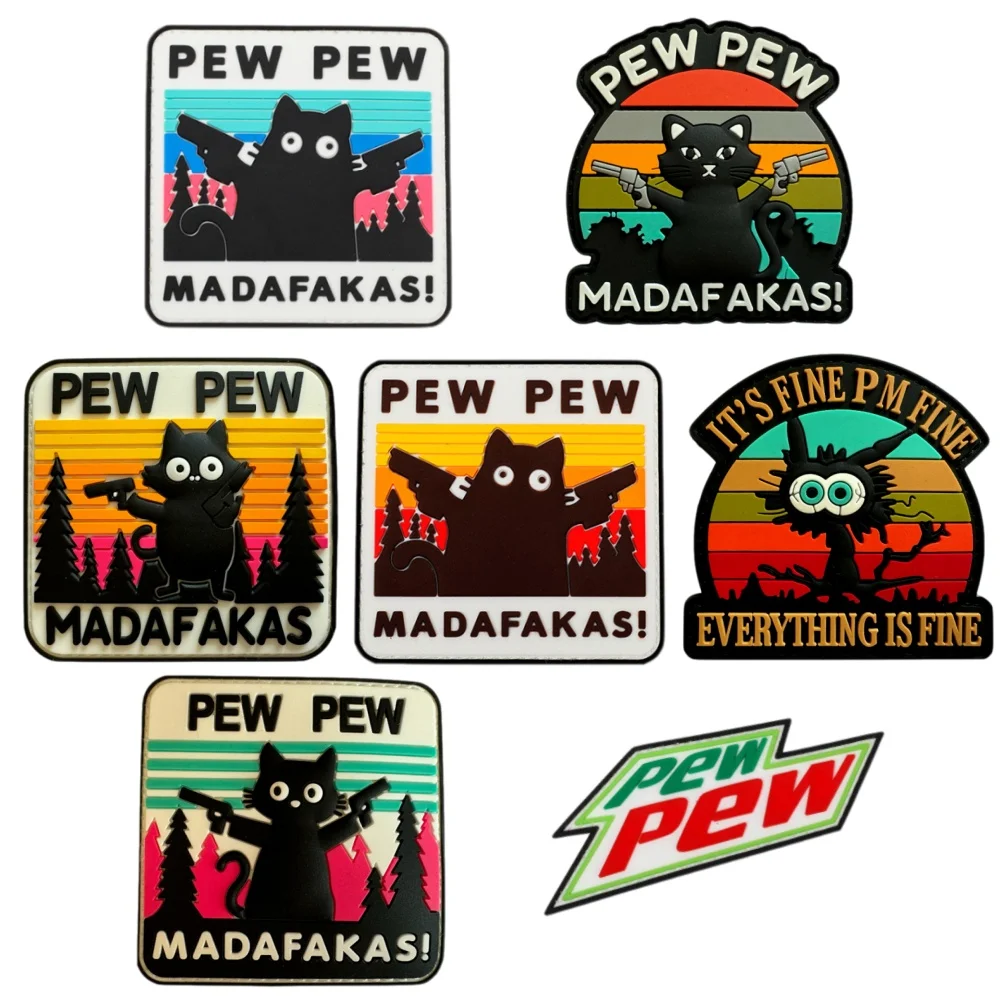 PEW PEW MADAFAKAS Cat Funny Tactical PVC Patch Cartoon Black Cat Morale Badge Military Hook and Loop Outdoor Backpack Sticker