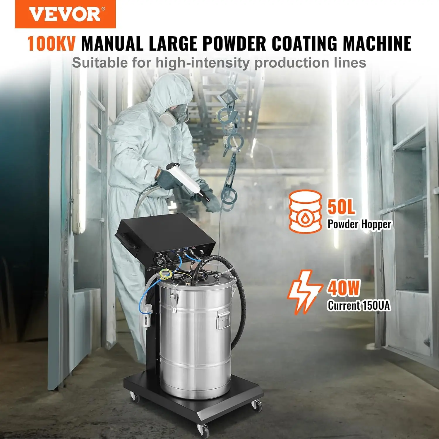 Powder Coating System 40 W 100KV Electrostatic Output Powder Coating Kit 50L Powder Hopper 450g Per Minute