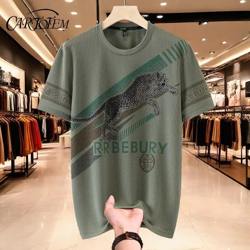 

Новая летняя модная повседневная футболка из ледяного шелка с коротким рукавом и модным принтом, топ с круглым вырезом и половиной рукава