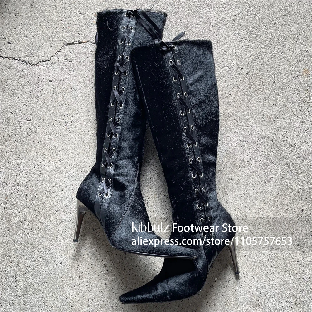 Black Calf Hair Upper Stiletto Heel Boots Ultra Sharp Pointed Toe Boots Eyelet Lace Up Closure Boots Tall Knee High Shaft Boots
