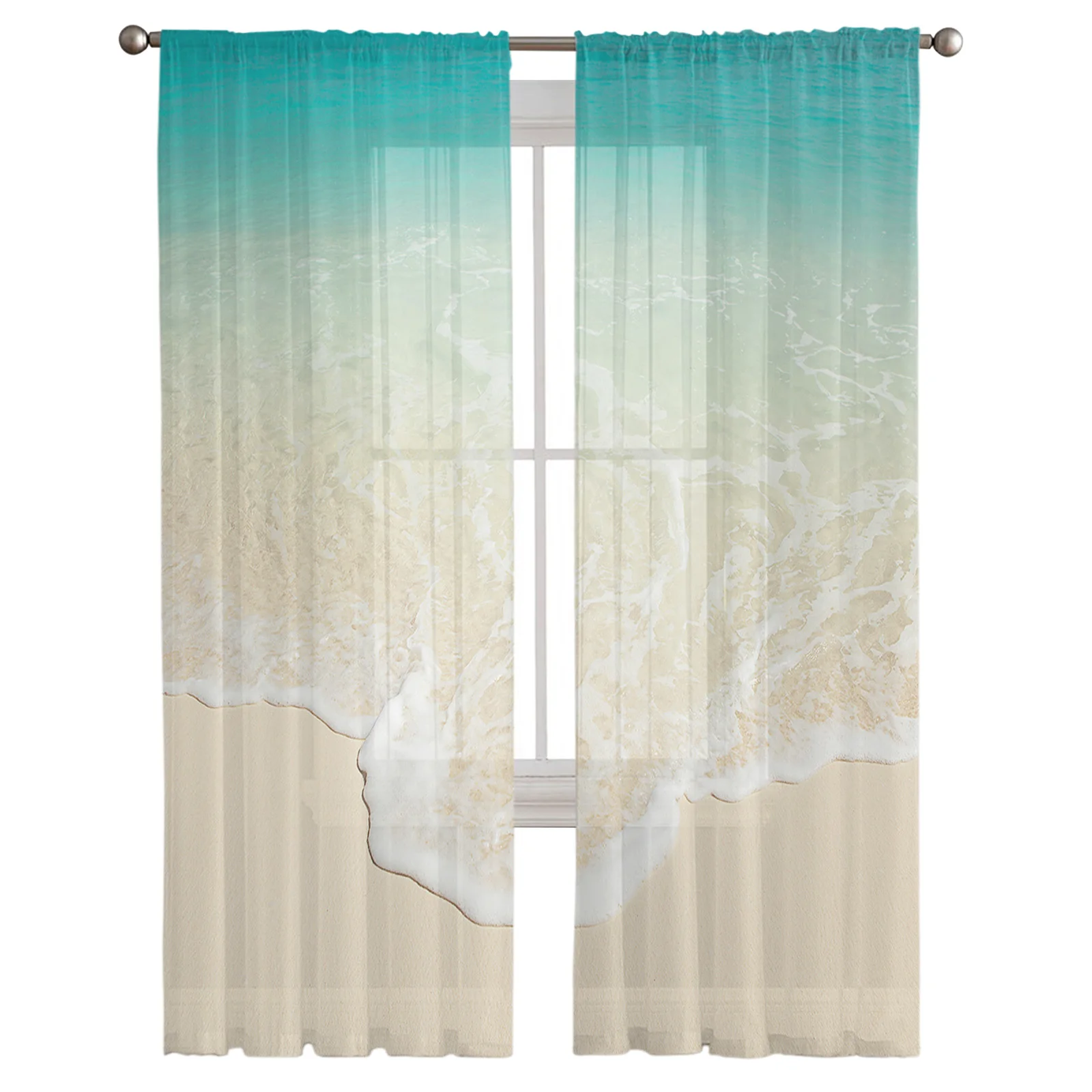 Tropical Beach Ocean Blue Sand Curtains For Living Room Transparent Tulle Window Curtain Bedroom Decor Veil Drape