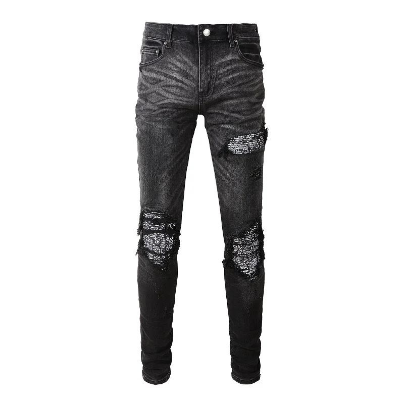 Men Bandanna Paisley Print Patch Jeans Streetweat Patchwork Holes Ripped Biker Pants Skinny Tapered Black Stretch Denim Trousers