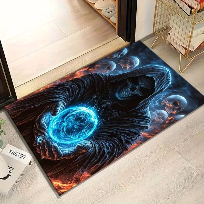 1pc Grim Reaper Holding Blue Magic Orb Skull Area Rug, Versatile Home Decor, Ideal Gift, Perfect for Living Room Bedroom