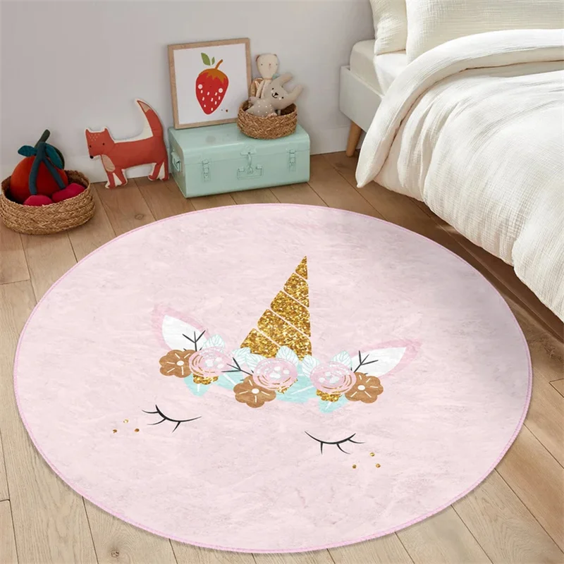 Crown Nursery Rug Unicorn Playmat for Kids Room Girl Toddler Round Carpet Pony Non Slip Activity Rug Pink Wreath Playroom Rug