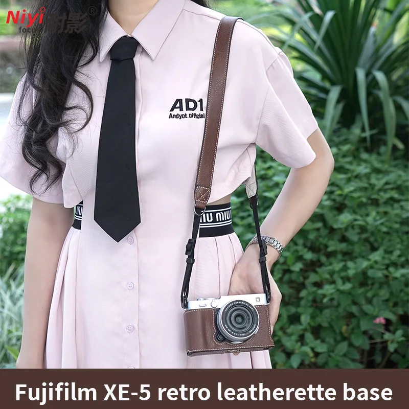 For Fujifilm X-E5 Protective Case X-E5 Mirrorless Camera Bag Retro Lychee Pattern Base X-E5 Retro Leather Case Portable Lanyder