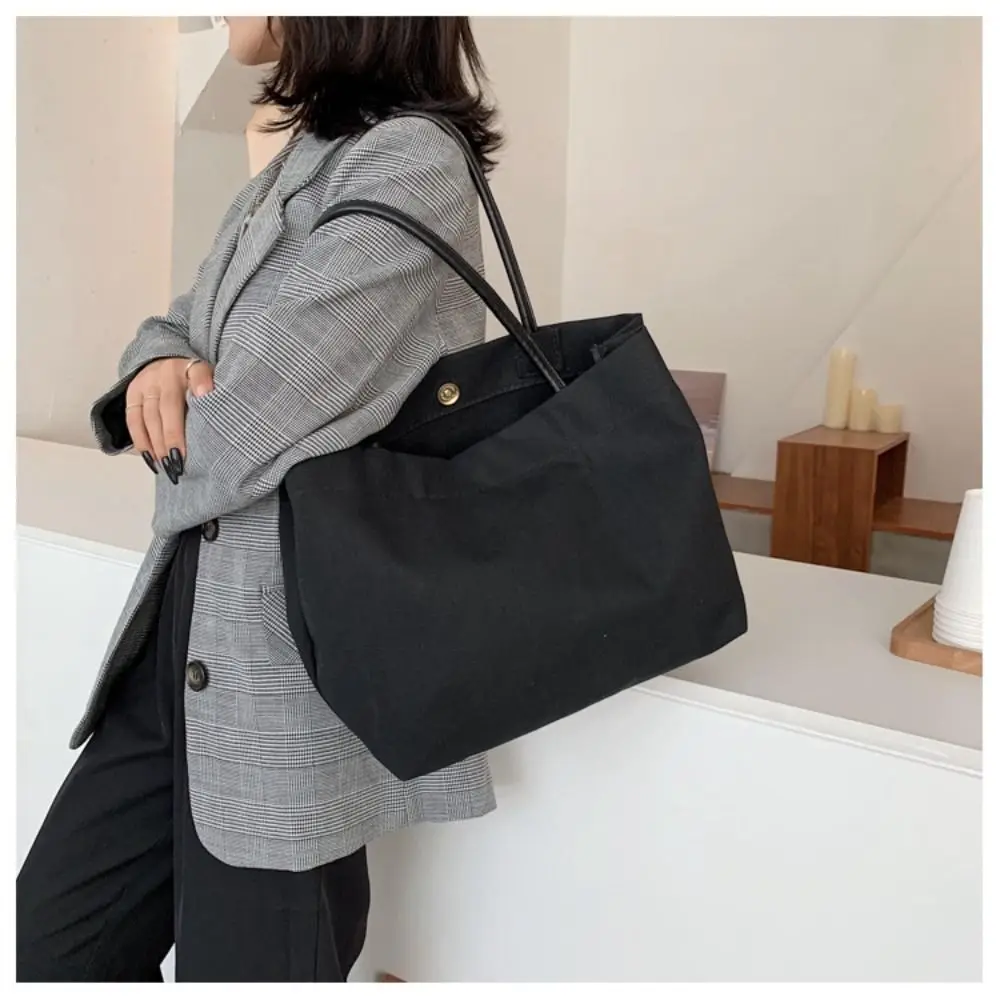 White Black Shoulder Bag Classic Canvas Books Storage Handbag Snap Fastener Tote Bag Student Books Storage Bag