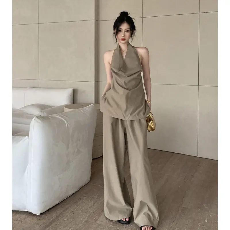 

New Summer High-end Advanced Designed Halves Vest Top and Drawstring Elastic Casual Wide-leg Pants 2 Piece Sets Womens Outfits