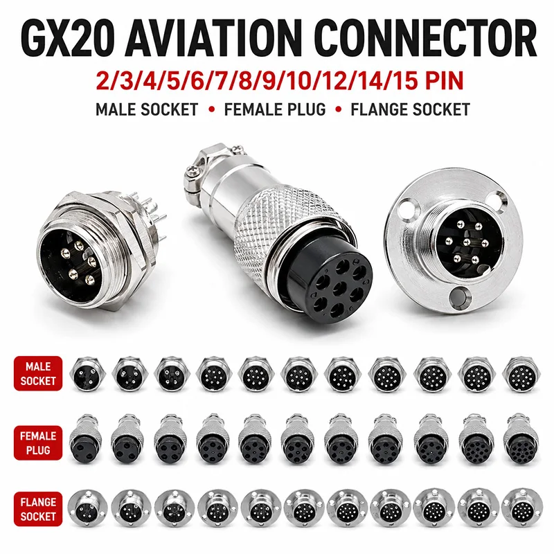 GX20 Metal Aviation Connector 2 3 4 5 6 7 8 9 10 12 14 15 Pin Male Female Plug Socket Panel Mount Flange Circular Cable Joint