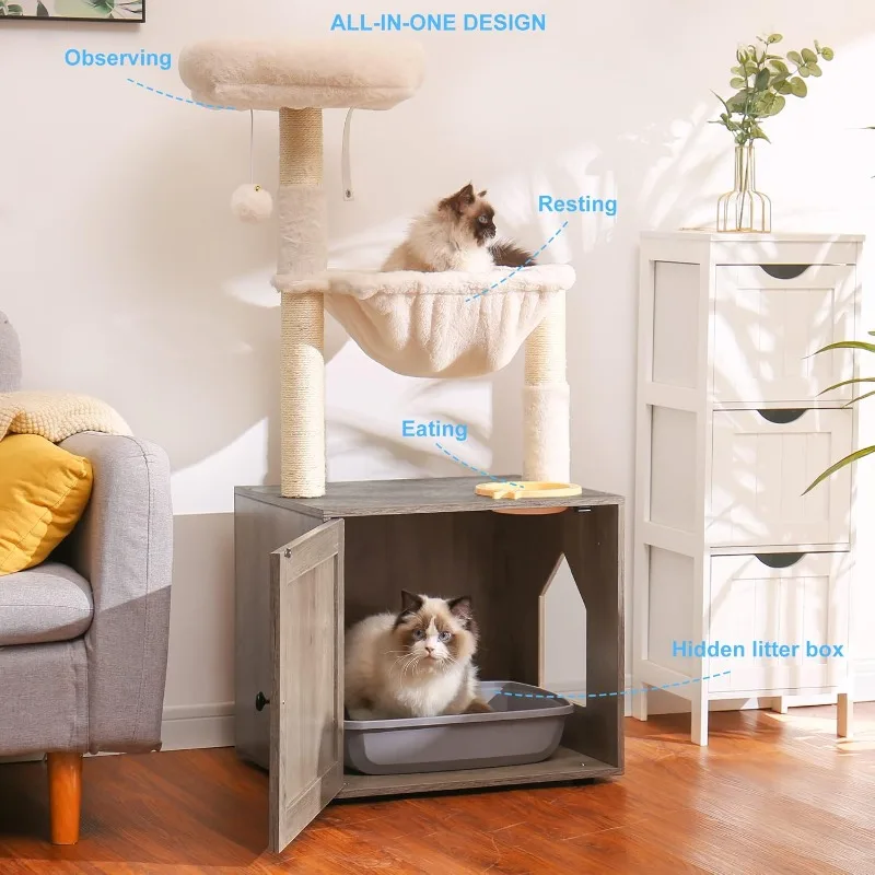 Cat Tree with Litter Box Enclosure, All-in-one Cat Tower for Indoor Cats with Large Hammock, Bed, Food Station, Scratching Posts