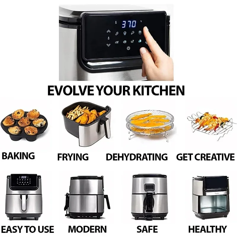 Yedi Evolution Air Fryer, 6.8 Quart, Stainless Steel, Ceramic Cooking Basket, with Deluxe Accessory Kit and Recipe Book