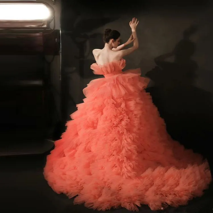 Pretty Coral Color Puffy Tulle Bridal Dresses Off The Shoulder Ruffles Tiered Tulle Ball Gowns Long Women Formal Dress