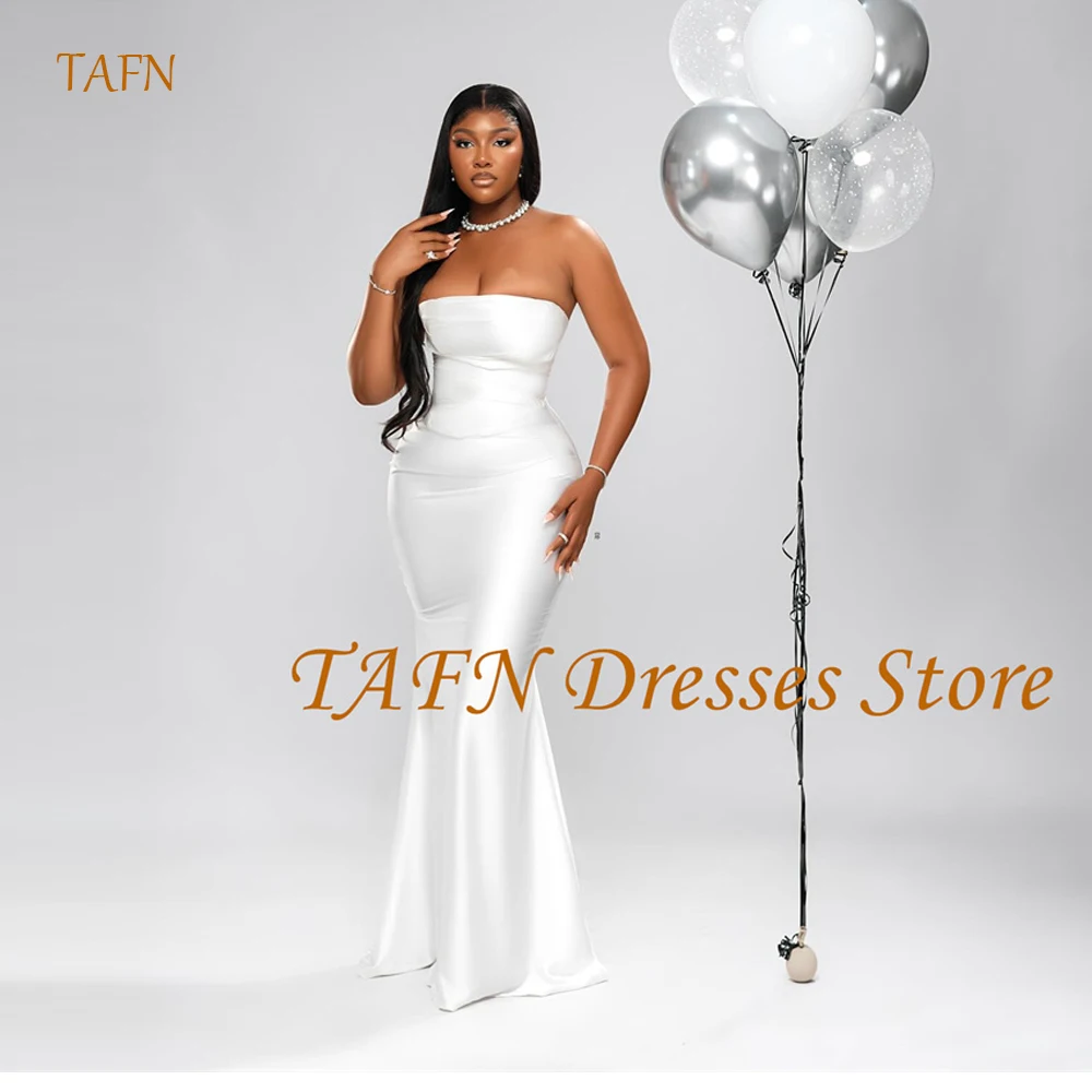 

TAFN Simple White Mermaid Evening Party Dresses Plus Size Strapless Bodycon African Women Formal Dress Customized Bridesmaid