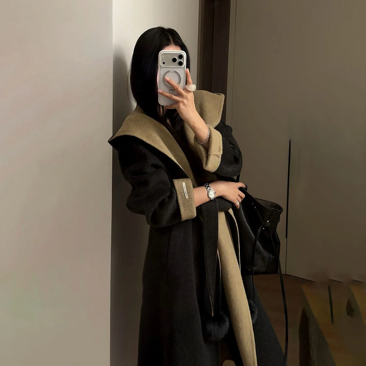 

KWTX 2025 Winter Women’s Wool Blend Long Coat Color Block Hooded Trench Coat Double Faced Wool Belted Oversized Collar Luxe