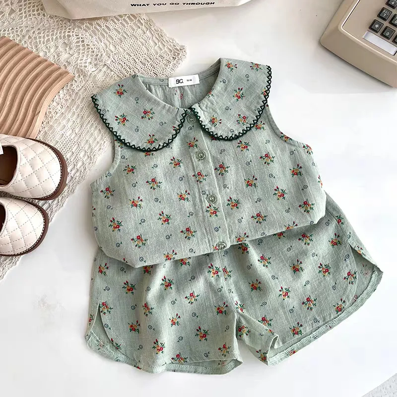

2025 Summer New Children Sleeveless Clothes Set Girls Peter Pan Collar Vest + Shorts 2pcs Suit Cotton Kids Casual Floral Outfits